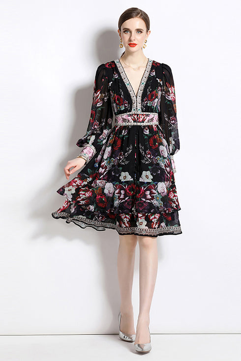 Stunning Charming Black Floral Print V-Neck Designer Dress, Lantern Sleeves, Wavy Edge Party, Dinner, Cocktail, Festive Dress